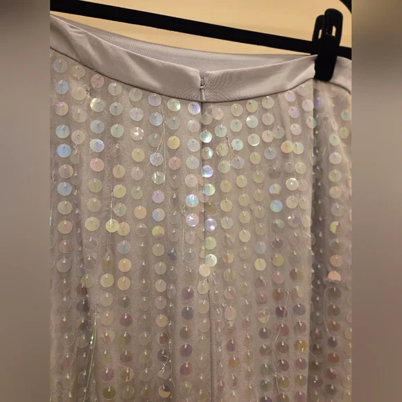 Cushnie High Waisted Sheer Skirt, Silk, Silver Asymmetrical Sequins Iridescent - Picture 5 of 9